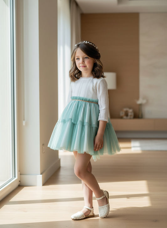 Vestido manga francesa y tul verde