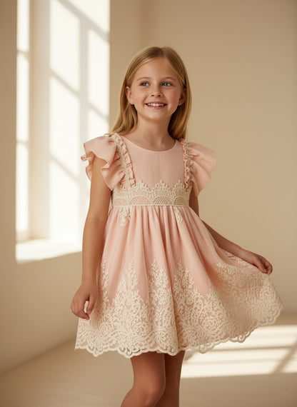 Vestido talle medio salmon con falda tul bordado beig