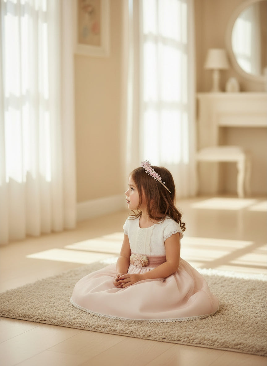 Vestido cuerpo plumeti y falda tul rosa empolvado con broche flores