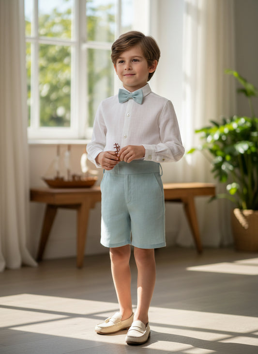 Conjunto camisa lino beig y short lino verde con fajin y pajarita