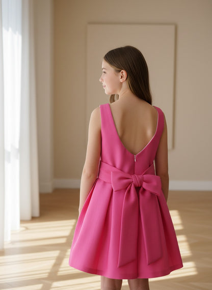 Vestido mikado cuadrille fucsia con lazada