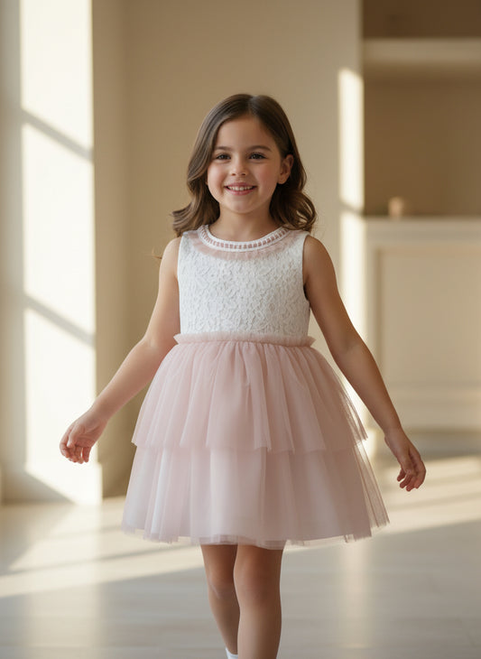 Vestido encaje blanco y falda tul rosa con lazada