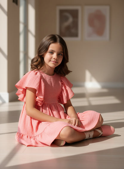 Vestido coral con volantes y espalda abierta