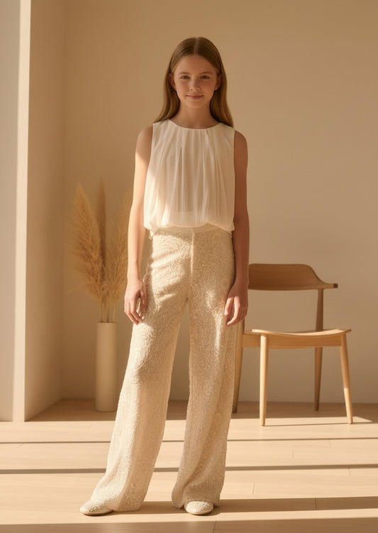 Conjunto blusa beig y pantalon lentejuelas