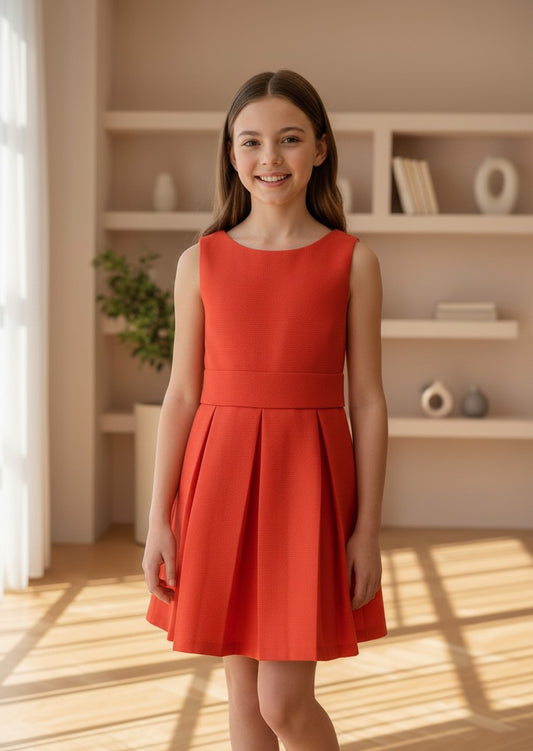 Vestido mikado cuadrille rojo tablas con lazada