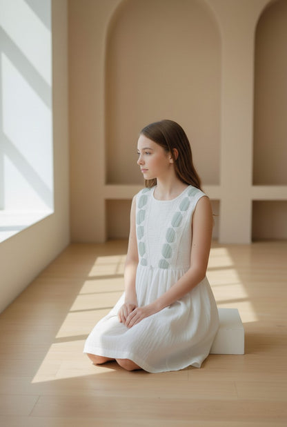 Vestido blanco con entredos de tul verde empolvado