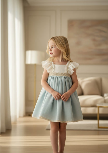 Vestido talle alto con volantes y falda color verde hielo