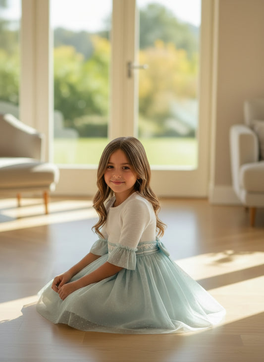 Vestido tul verde manga con volante