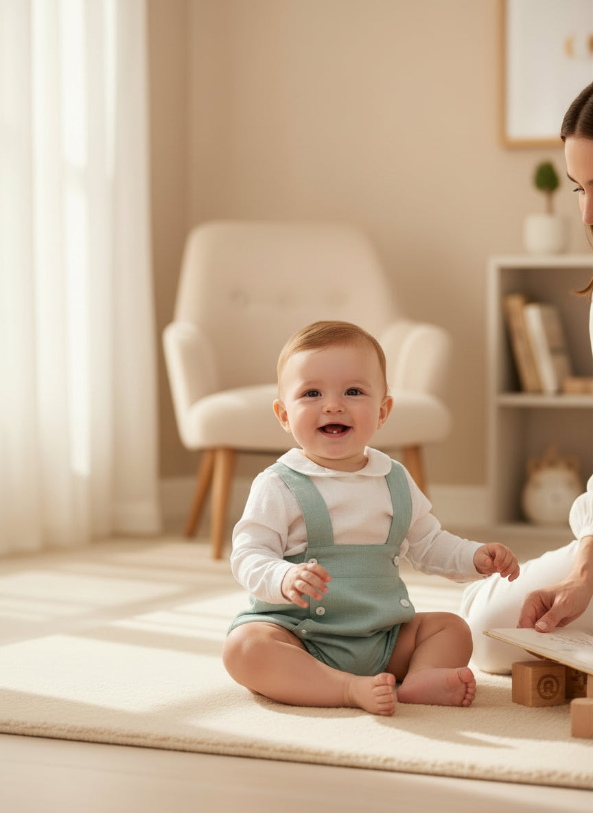 Peto verde con camisa lino manga larga