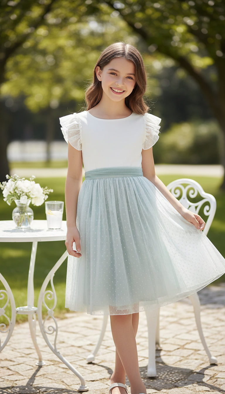 Vestido tul verde empolvado con manguita volante