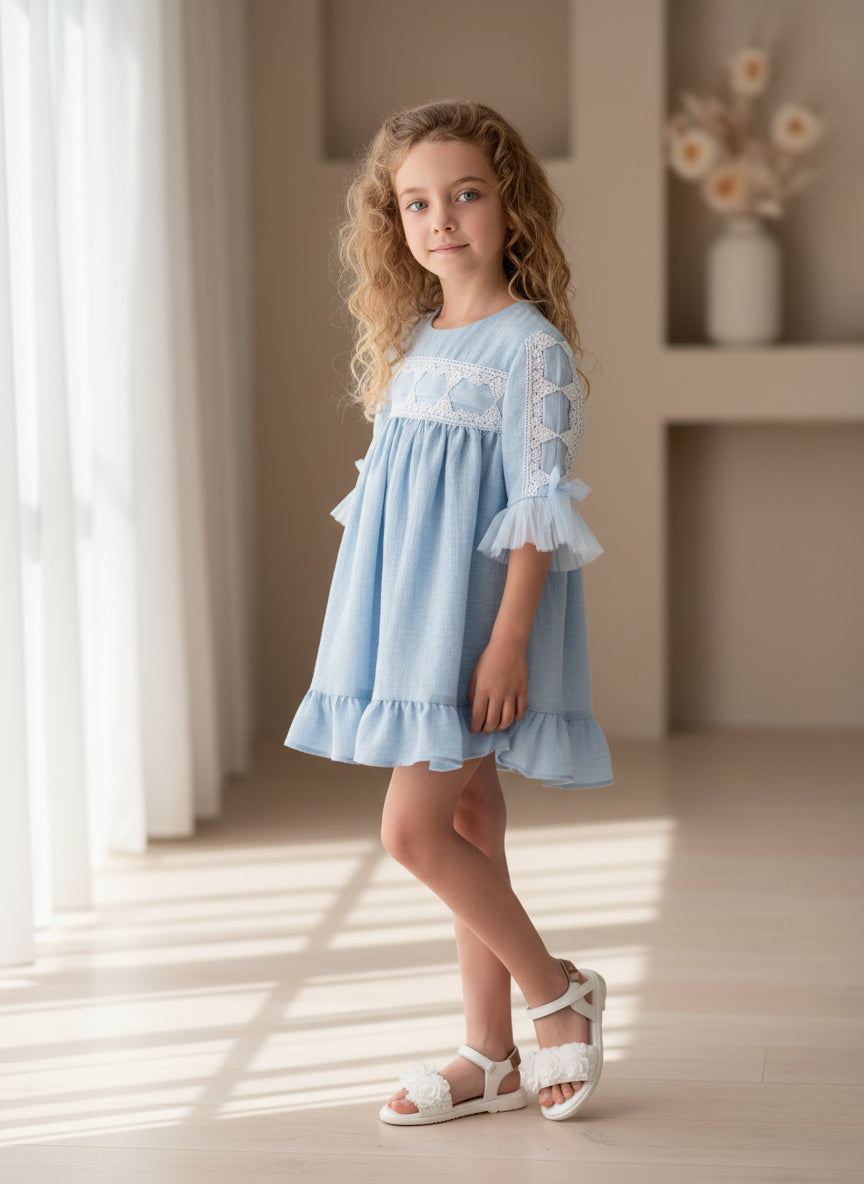 Vestido gasa azul manga francesa