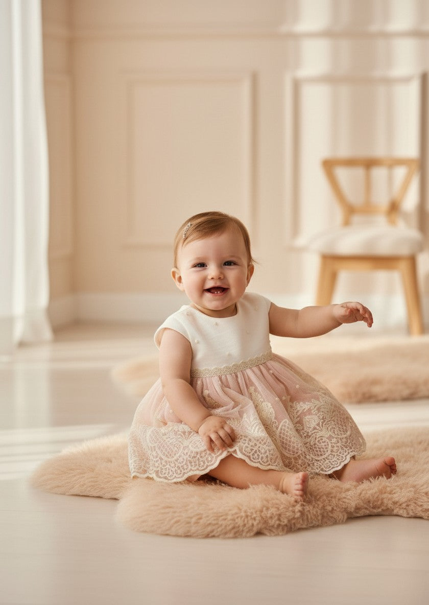 Jesusito tul bordado beig y salmón