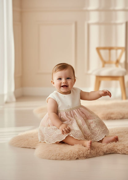 Jesusito tul bordado beig y salmón