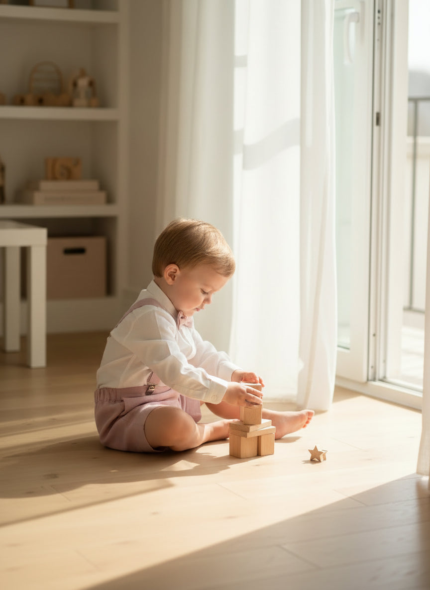 Conjunto camisa, short rosa empolvado, tirantes y pajarita
