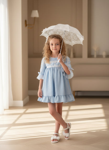 Vestido gasa azul manga francesa