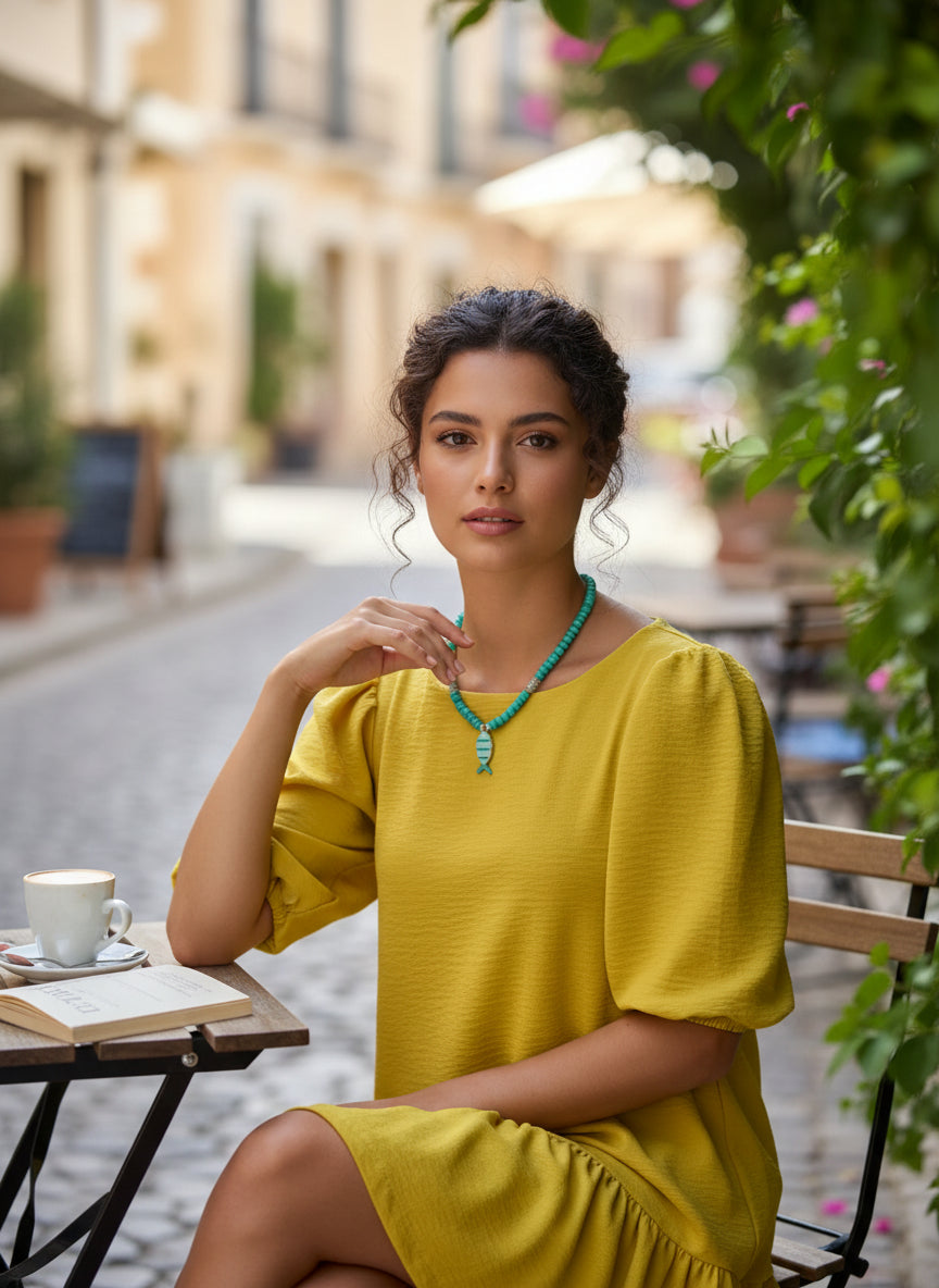 Vestido amarillo pistacho manga francesa