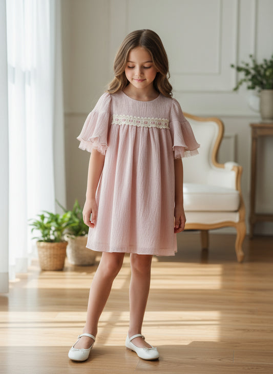 Vestido gasa plisada rosa empolvado "Geisha"