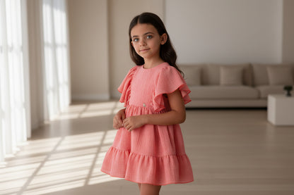 Vestido coral con volantes y espalda abierta