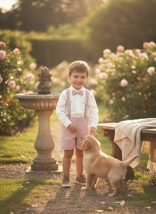 Conjunto camisa, short rosa empolvado, tirantes y pajarita