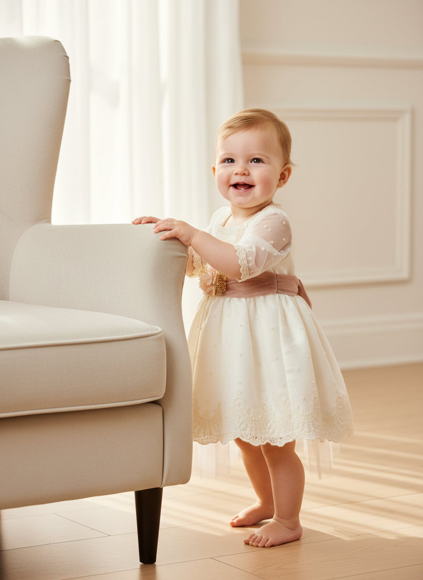 Vestido tul bordado beig manguita francesa y fajin rosa