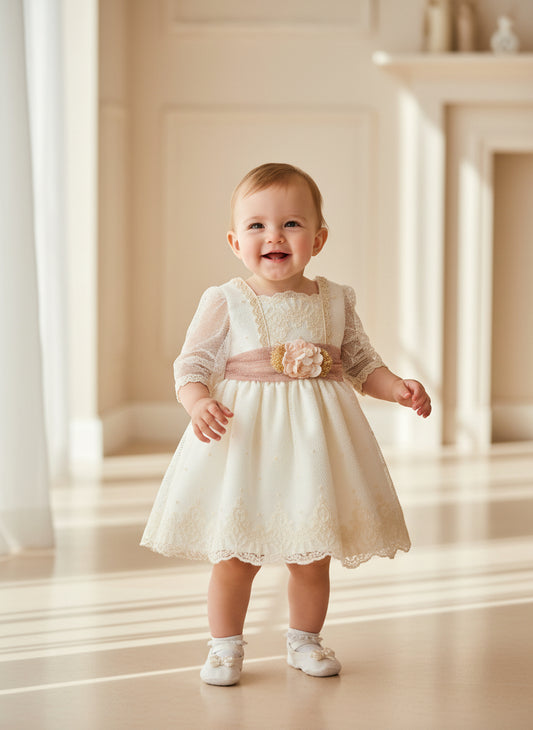 Vestido tul bordado beig manguita francesa y fajin rosa