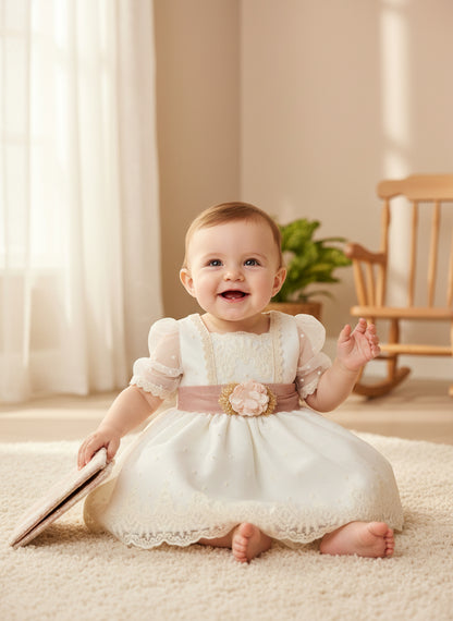 Vestido tul bordado beig manguita francesa y fajin rosa