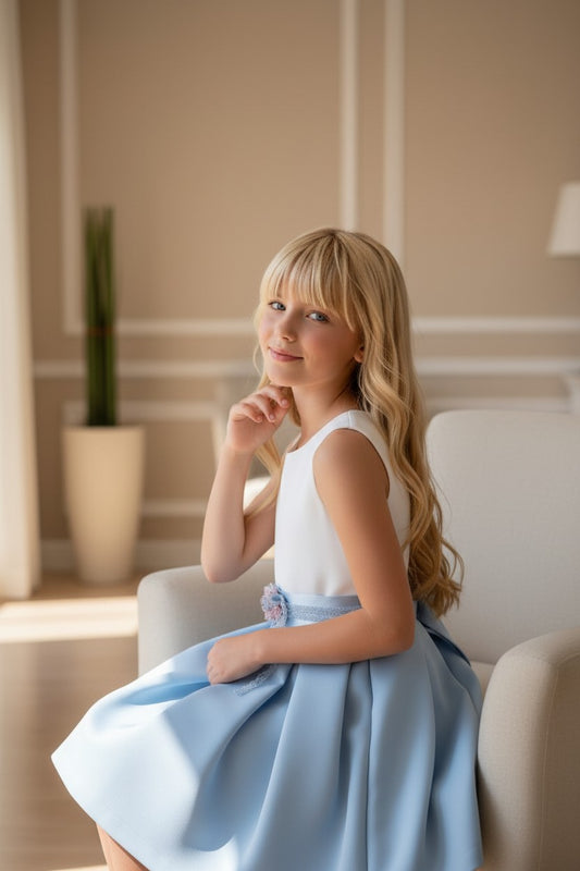 Vestido mikado blanco y azul con lazada y broche de flores