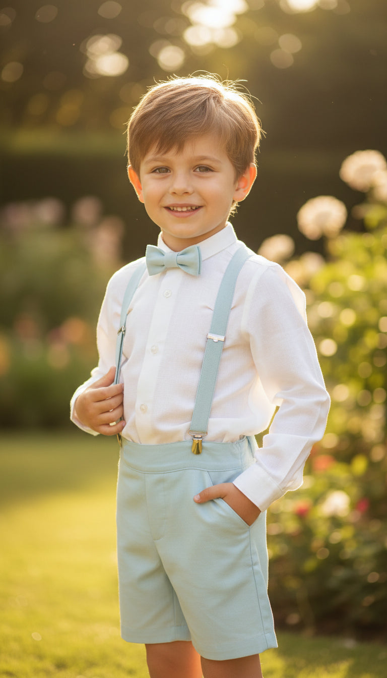 Conjunto camisa lino, short, tirantes y pajarita verde