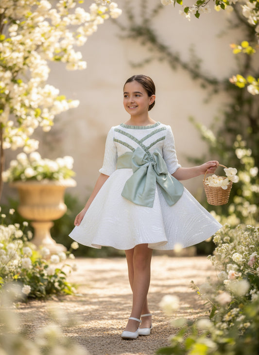 Vestido blanco brocado con fajin verde