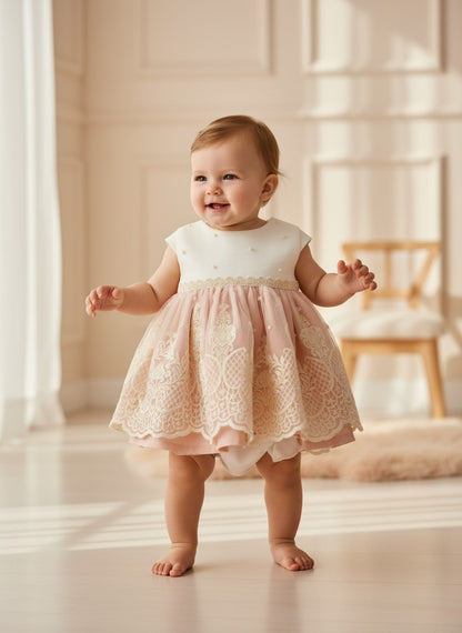 Jesusito tul bordado beig y salmón