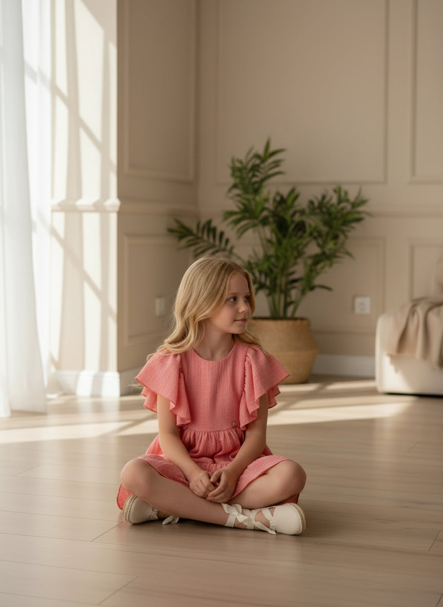 Vestido coral con volantes y espalda abierta