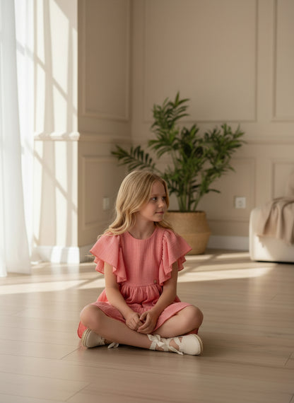 Vestido coral con volantes y espalda abierta
