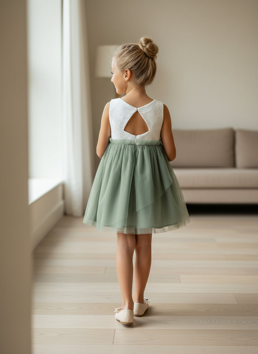 Vestido blanco y tul verde empolvado "Chowa"