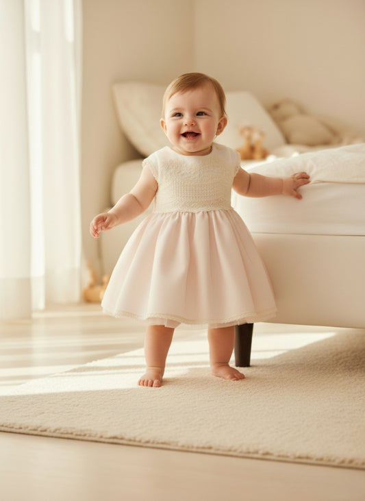 Vestido bebe cuerpo bordado beig y falda tul rosa