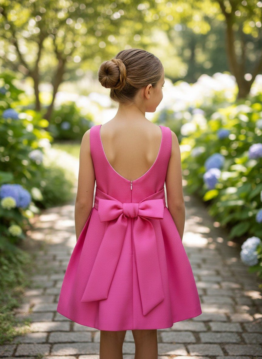 Vestido mikado cuadrille fucsia con lazada