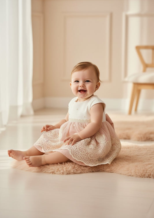 Jesusito tul bordado beig y salmón