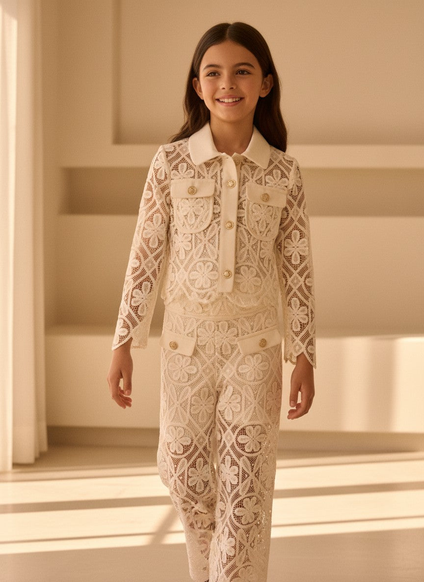 Conjunto top tricot y pantalon guipur beig