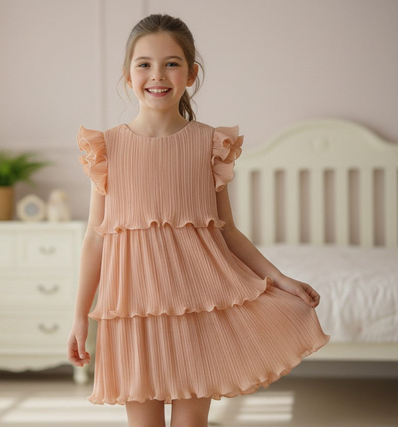 Vestido crepe plisado salmon