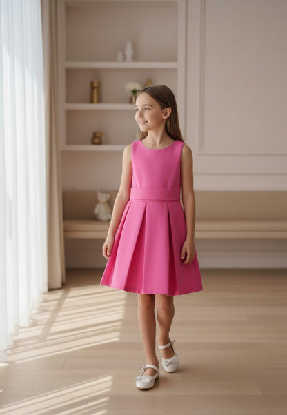 Vestido mikado cuadrille fucsia con lazada