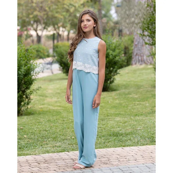 Mono verde empolvado y blusa bordada beig - PARDALETS