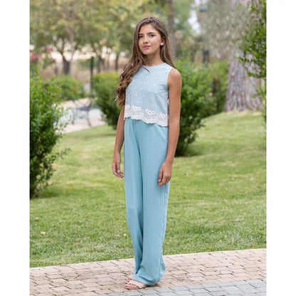 Mono verde empolvado y blusa bordada beig - PARDALETS
