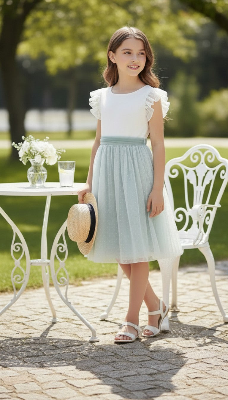 Vestido tul verde empolvado con manguita volante