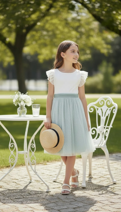 Vestido tul verde empolvado con manguita volante