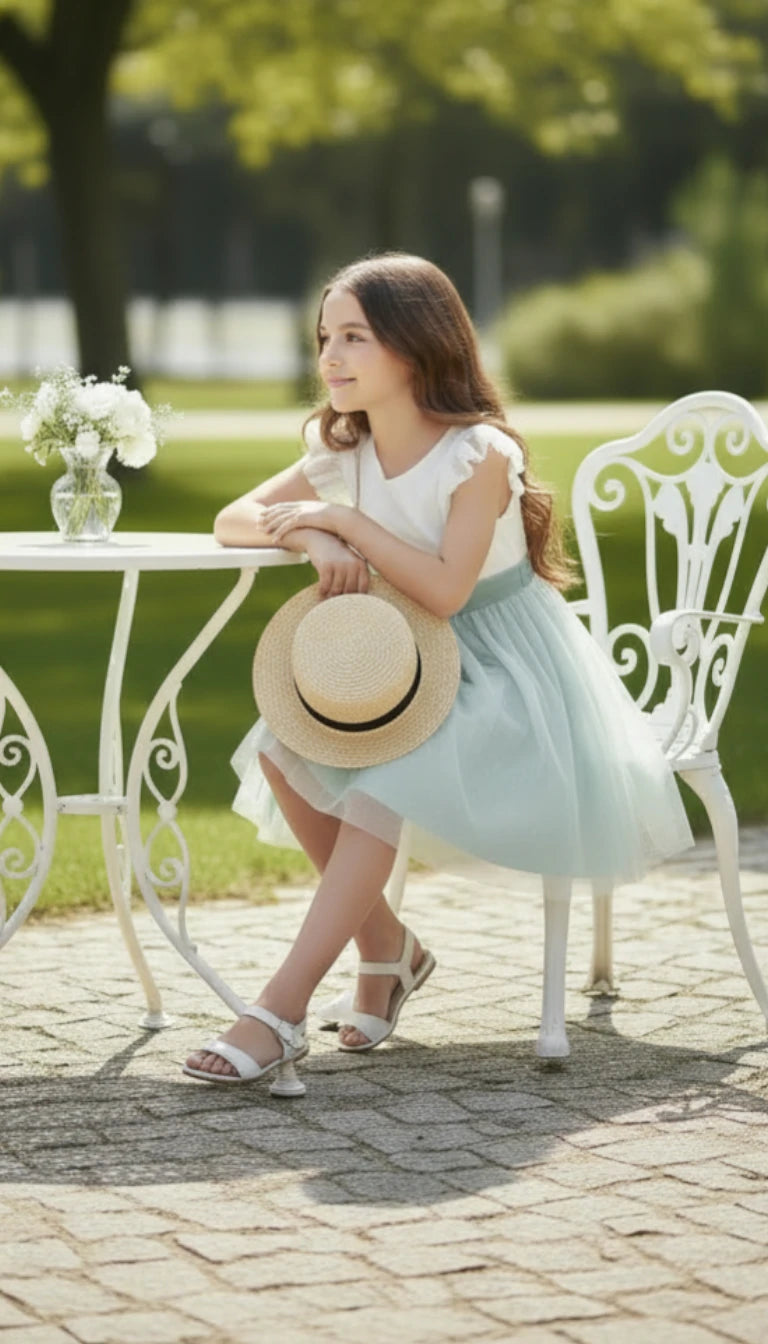 Vestido tul verde empolvado con manguita volante