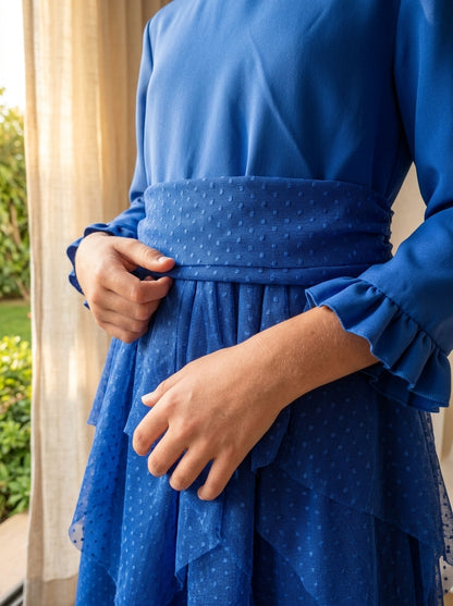 Vestido azulon manga larga y volantes tul