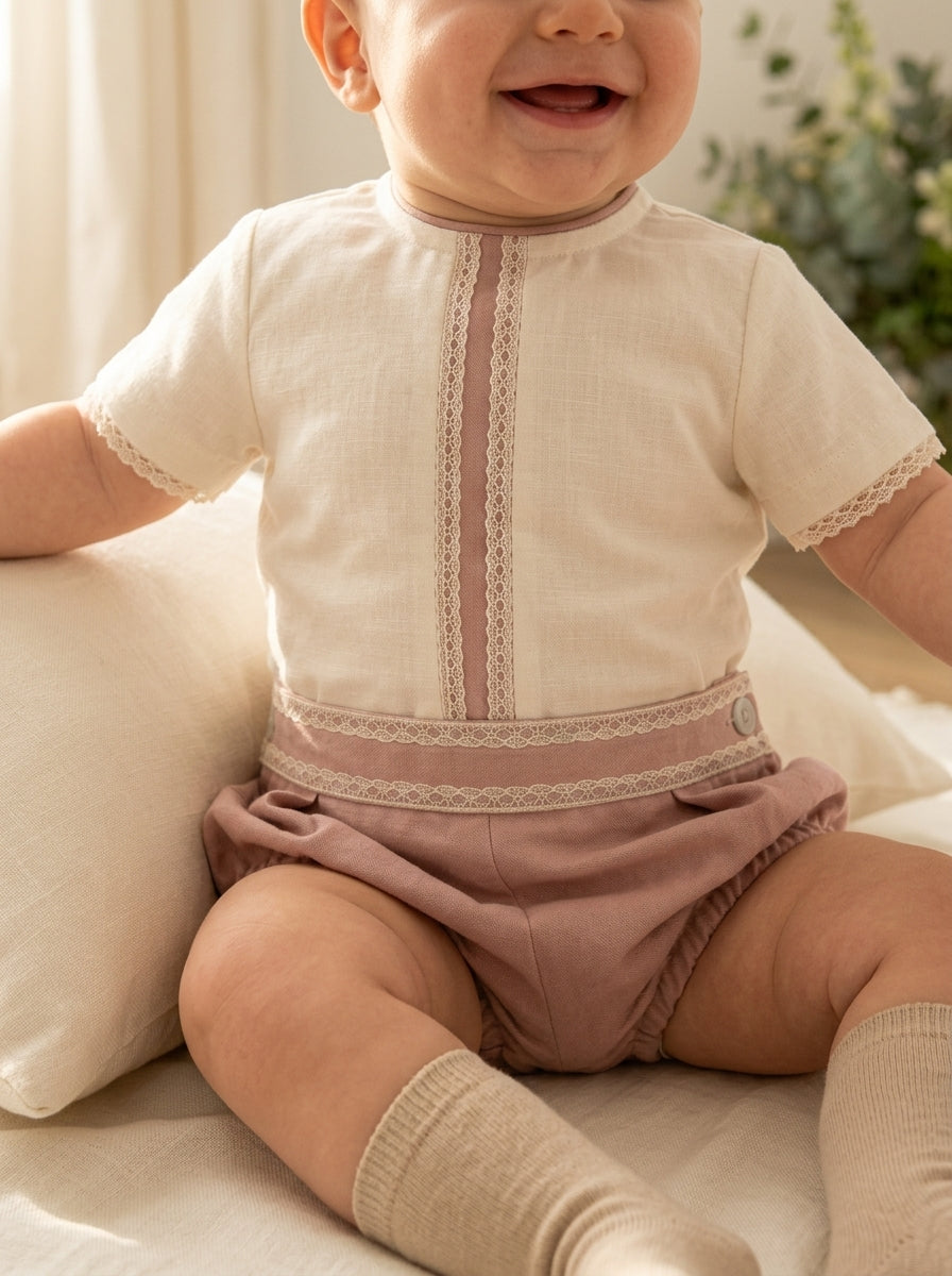 Conjunto camisa beig y bombacho lino rosa empolvado