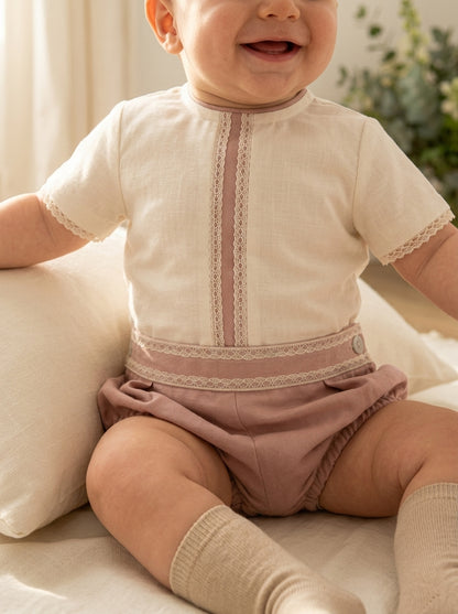 Conjunto camisa beig y bombacho lino rosa empolvado