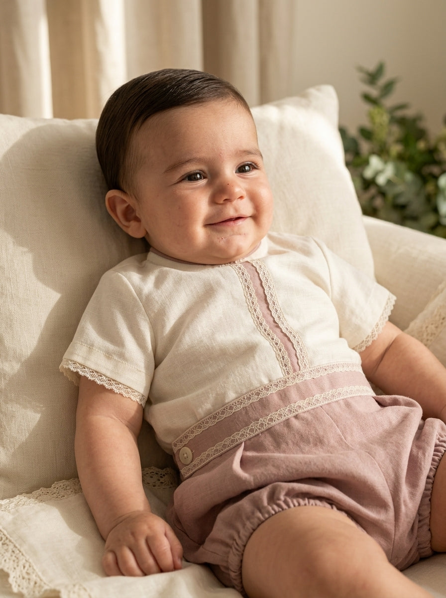 Conjunto camisa beig y bombacho lino rosa empolvado