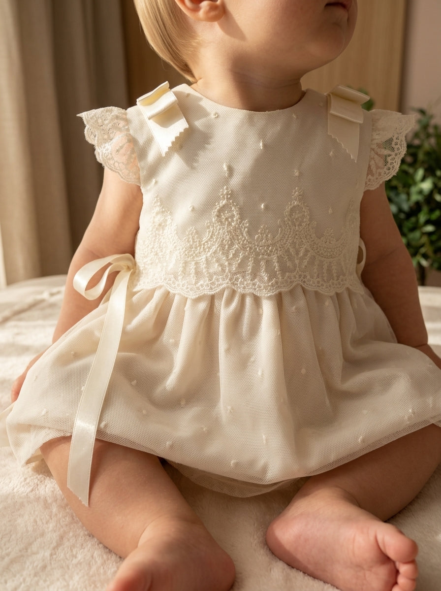 Vestido tul bordado beig con falda tul rosa y capota