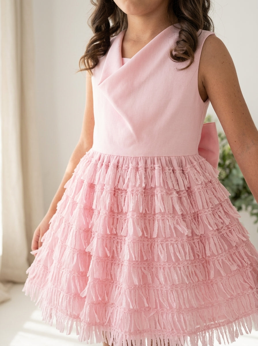 Vestido crep rosa y falda fantasia